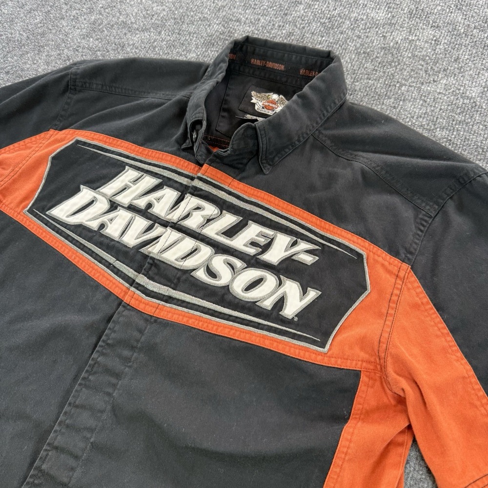 Harley Davidson Mens Spell Out Button Up Short Sleeve Shirt Black Orange M